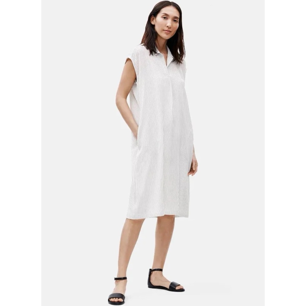 Eileen Fisher 100% Silk Collared Tshirt Shirt Dress MIDI Shapeless White Stripes